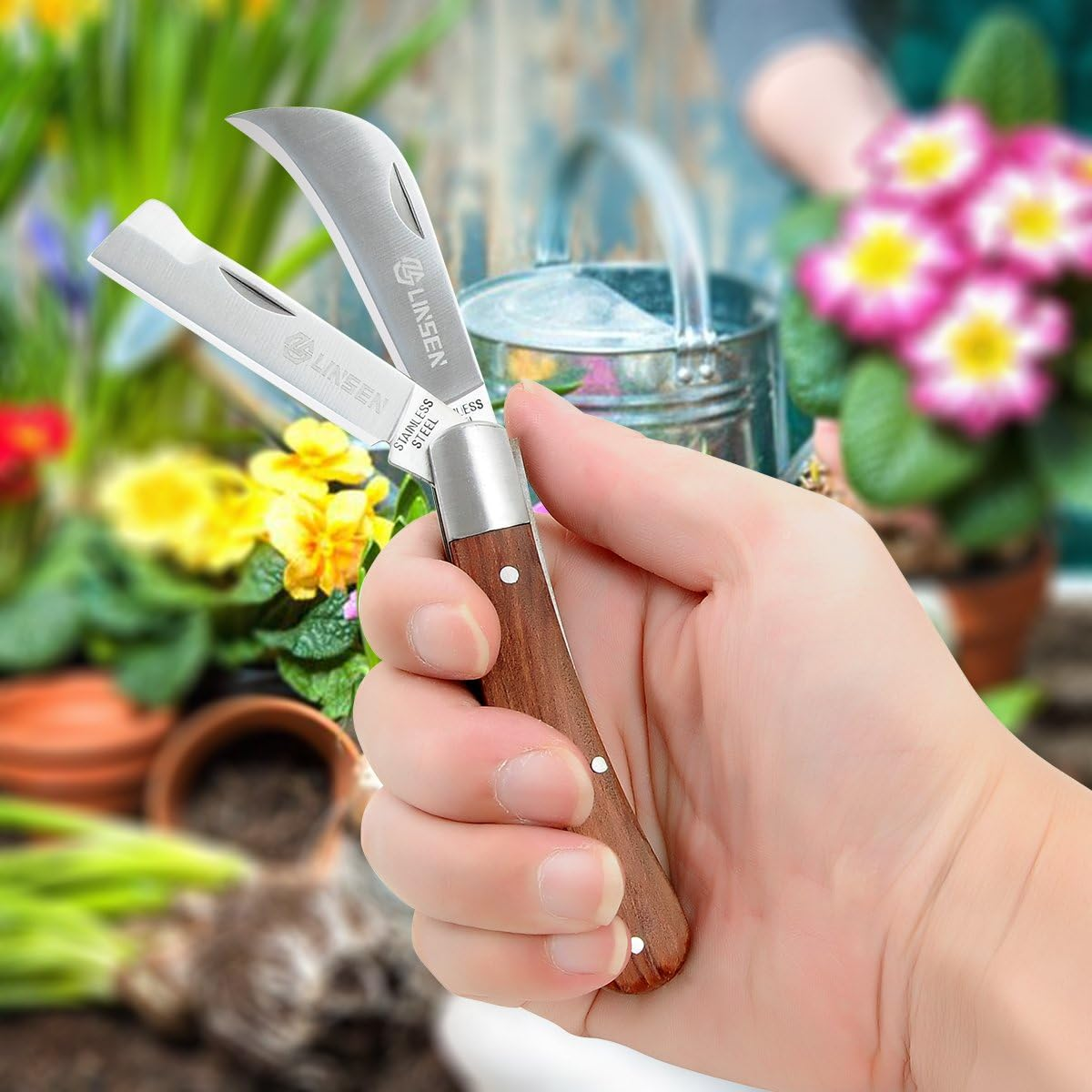 Pruning Knife Double Blade Grafting Knife Stainless Steel Garden Budding Knife Linsen-Outdoors Folding Pocket Knife for Grafting Multi Cutting Tool Weed Bushes Branches Mushroom Diggig Knife image number 1