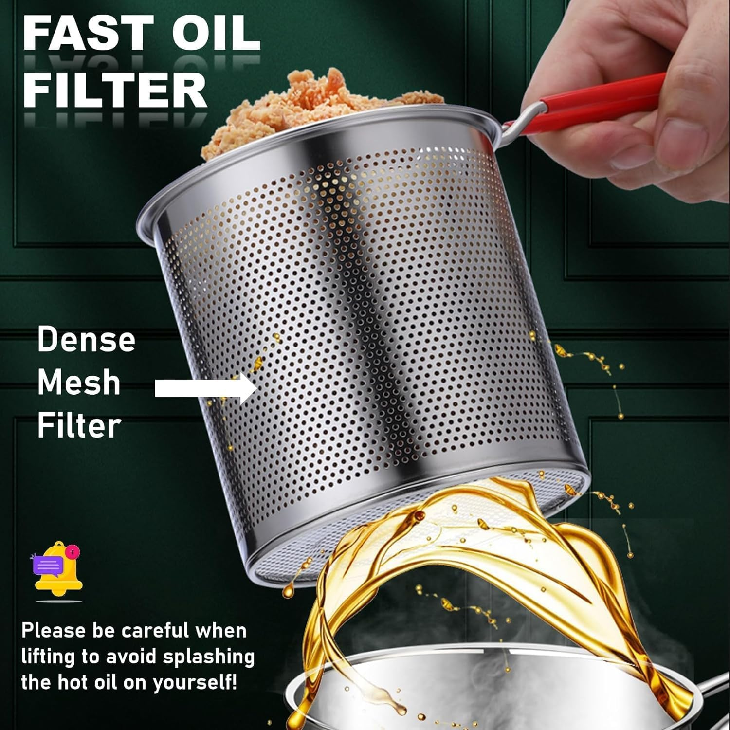 304 Stainless Steel Grease Strainer Pot & Oil Filter Container - 2.0L Large Capacity Deep Fat Fryer with Fine Mesh Basket, Frying Net & Heat-Resistant Handle for Kitchen,Frying image number 1