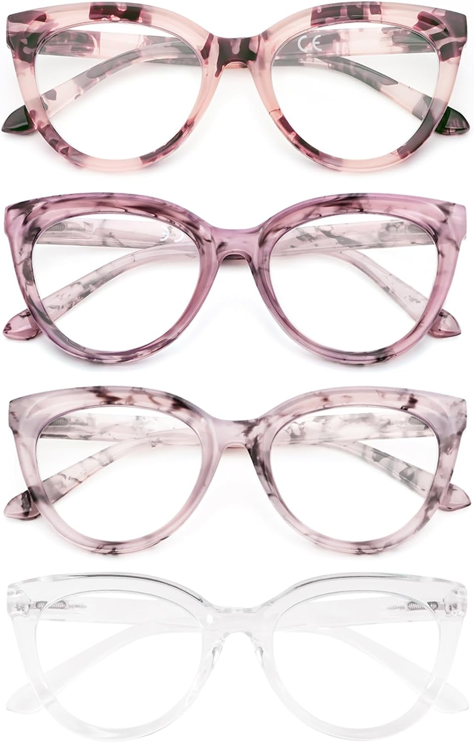 REAVEE 4 Pack Fashion Oversized Cat Eye Reading Glasses for Women, Large Cute Blue Light Blocking Readers Spring Hinge