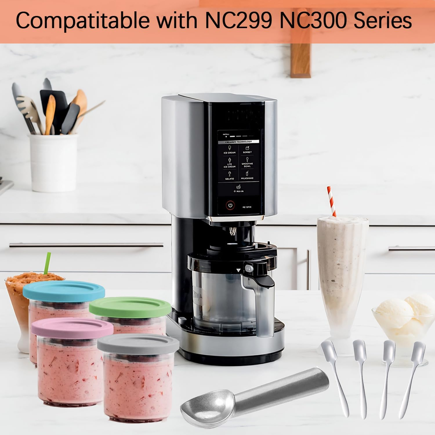 4 Pack Pints and Lids for Ninja,16 Oz Creami Containers,Compatible with Inja Creami NC301 NC300 NC299AMZ Series, Creamy Icecream Containers Cups Set with Lids and Scoops for Home Kitchen image number 3