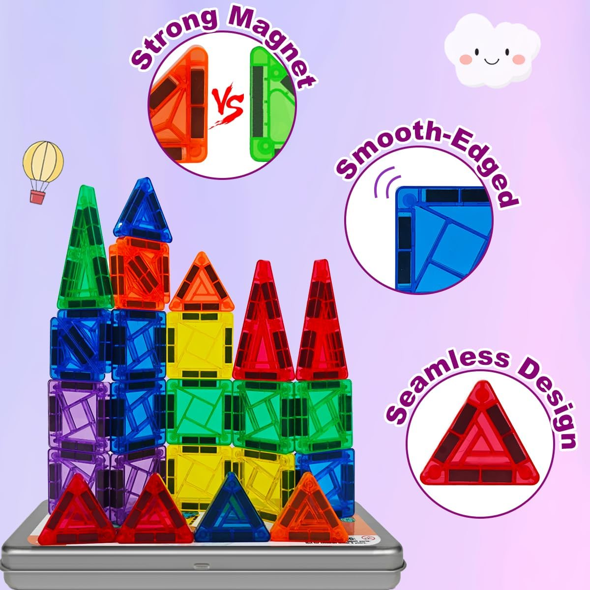 Piraar,26Pcs Mini Magnetic Tiles,Travel Friendly Portable Magnetic Building Tiles, Metal Storage Case, STEM Toys for Ages 3+,Travel Magnetic Tiles for Kids, Educational&Safe image number 5