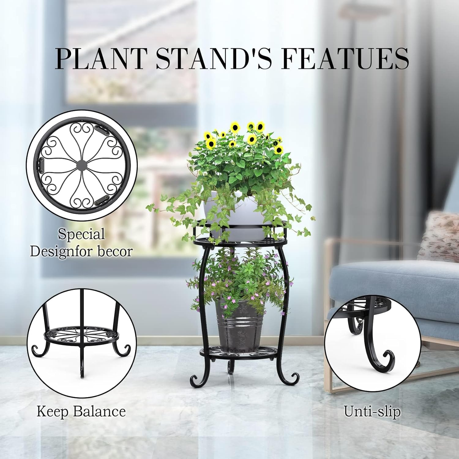 Stlove Metal Plant Stand,2 Tier 19.3 Inch Flower Stand Indoor Decor Flower Pot Shelf Black Iron Pot Stand Planter Holder for Flowerpot Home Garden Corner Porch(Pot & Plant Not Included) image number 6