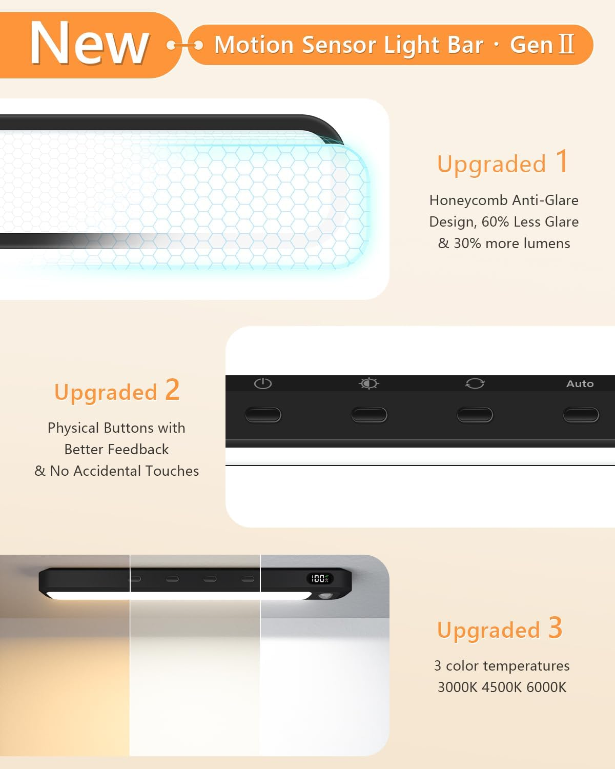 WILLED Motion Sensor Light Indoor with Remote Control,64 LED under Cabinet Lighting,Battery Operated Closet Lights,3 Colors Temps Rechargeable Light Bar for Kitchen,Wardrobe,Pantry,Stair,Black(4 Pack) image number 5