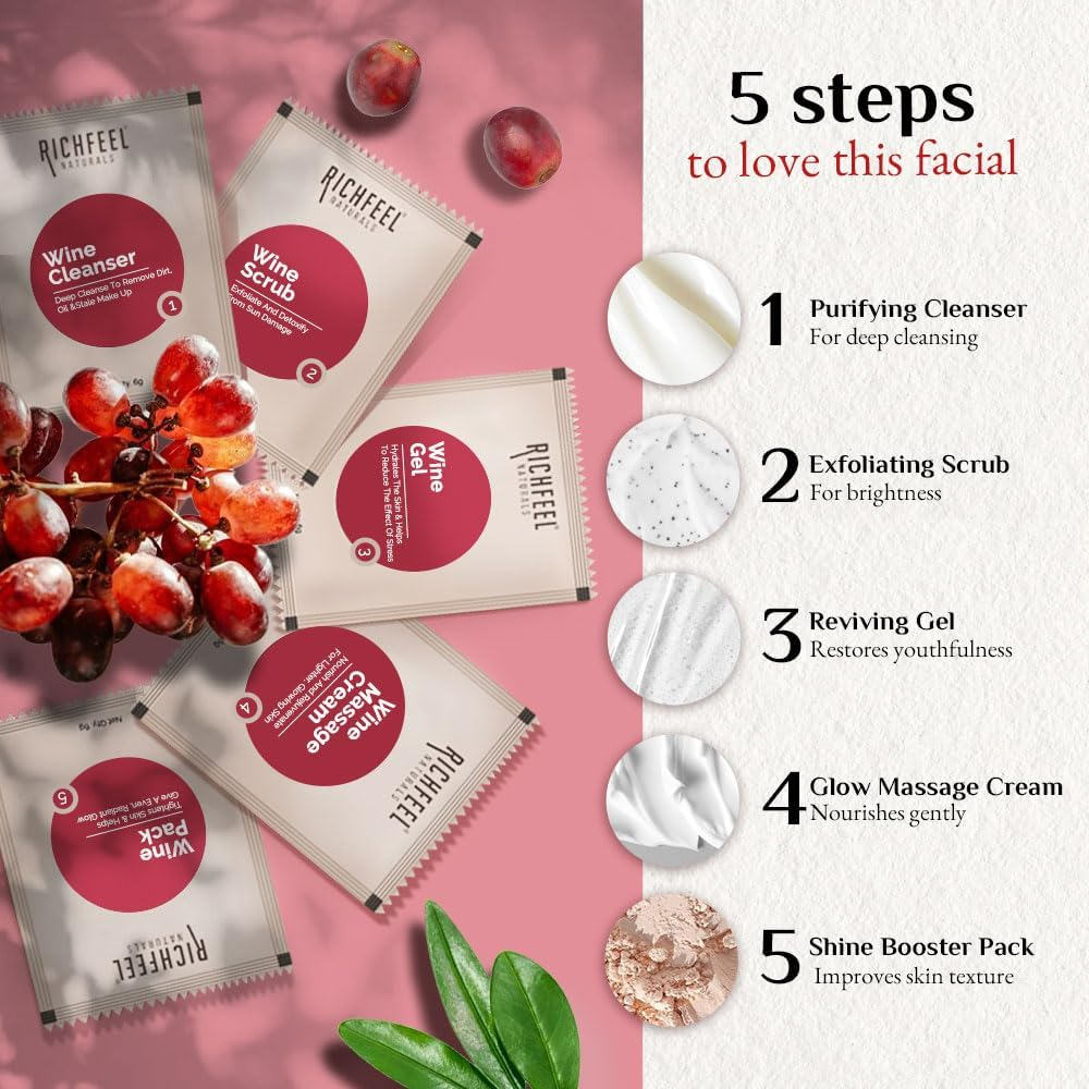 Richfeel Wine Facial Kit for Glowing Skin, Removes Wrinkle, Dark Spots, Reduces & Hyperpigmentation | 30 G image number 2
