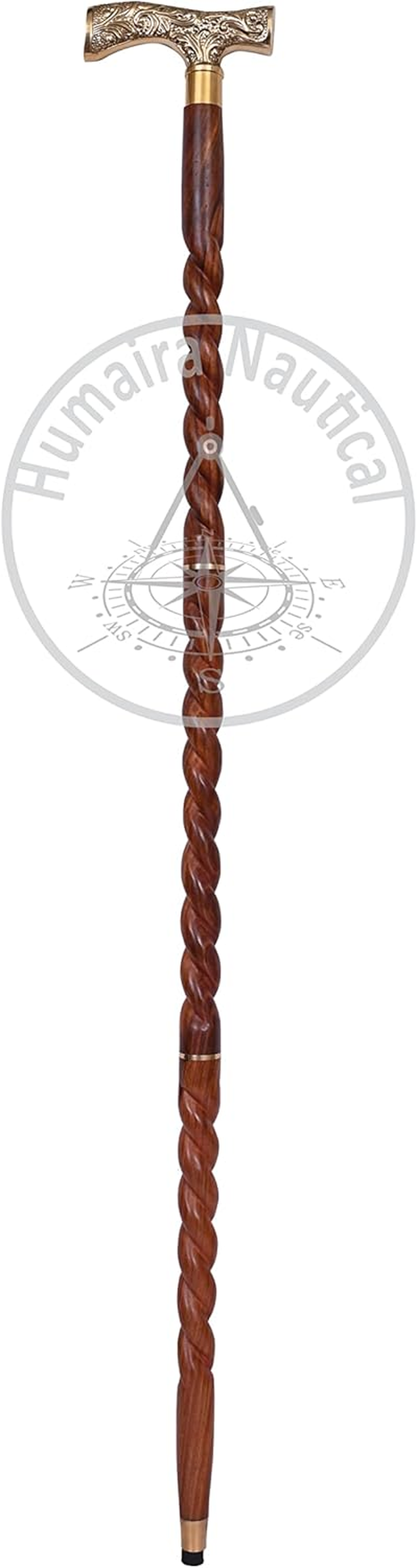 Humaira Nautical Walking Stick - Men Derby Canes and Wooden Walking Stick for Men and Women - 37" Brown Ebony Brass T Shape Handle in Golden Tone Natural Wood Unisex Cane image number 4