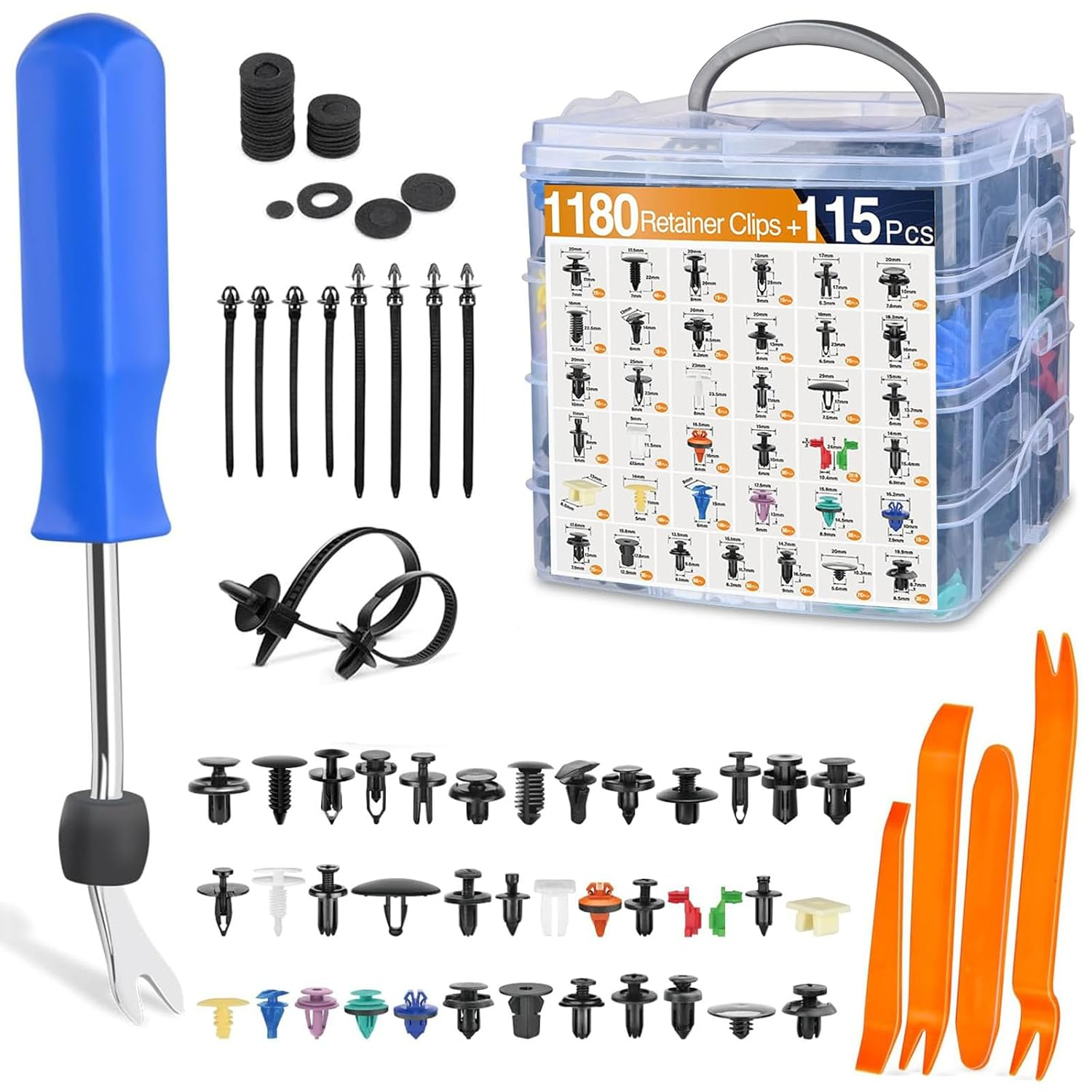 1295Pcs Car Push Retainer Clips & Auto Fasteners Assortment,Body Clips Fasteners Kit 37 Most Popular Sizes Fender Rivets Clips with 5 Removal Tools,10 Cable Ties for Bumper,Fender,Door Trim