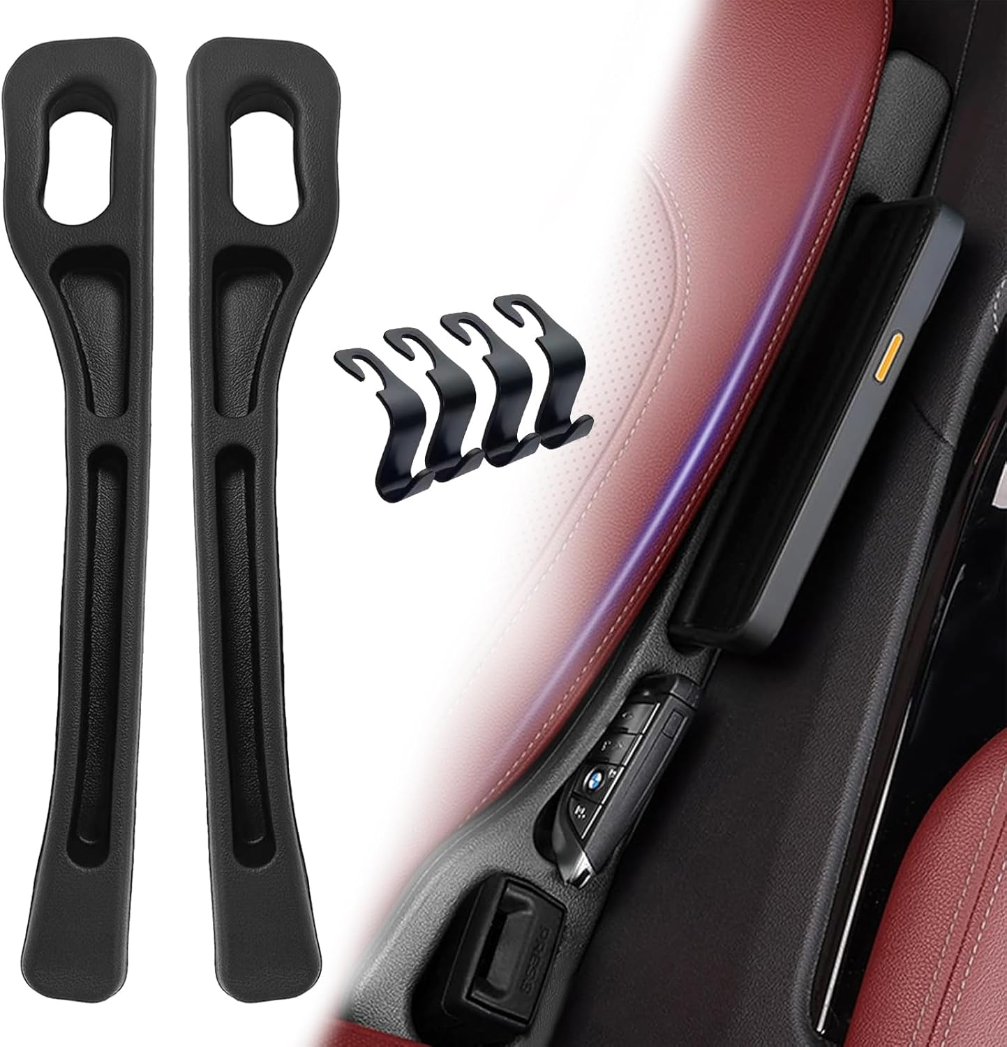 Upgraded 2Pcs Car Seat Gap Filler with 4 Headrest Hooks, Universal Fit Side Gap Filler for Car, SUV, 4WD | Car Accessories Interior Organiser for Phone, Keys-Stops Items Falling into Gap Seat Console