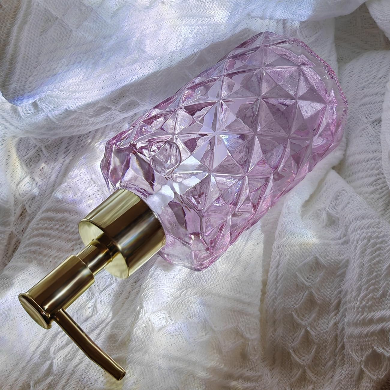 Pink Glass Hand Soap Dispenser with Gold Plastic Pump, Liquid Lotion Dispenser for Bathroom, Dish Dispenser Bottle for Kitchen Sink image number 2