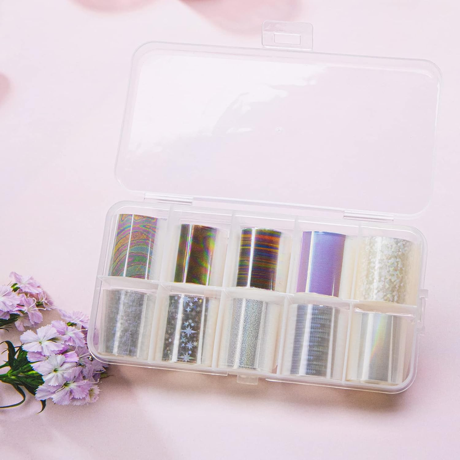 Emsea 10 Rolls White Pearl Color Holographic Nail Foil Transfer Sticker Roll Set Nail Art Transfer Glitter Stickers for Nail Art Decoration DIY Salon -Style-B image number 1