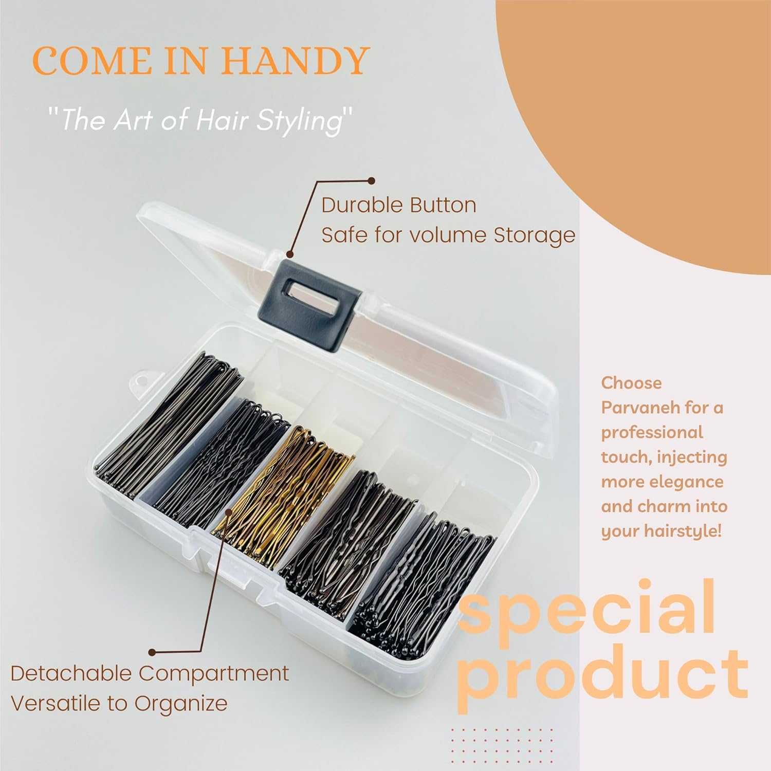 Parvaneh Bobby Pins&Hair Pins with Box,500Pcs,U Shaped Hair Pins Set for Women,300 Bob Pins&200 U Pins,Hair Accessories Set for Hair Stylist,Blonde,Black,Brown Hair Grips,Assorted Sizes