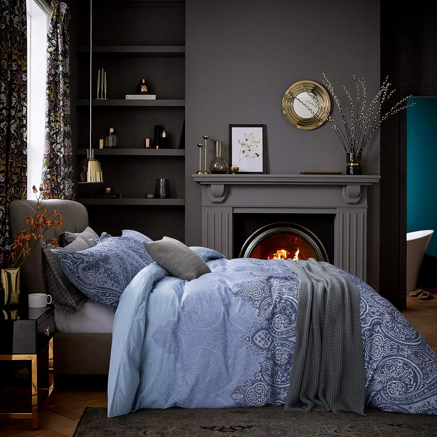 Eikei Italian Bohemian Paisley Duvet Cover 3Pc Set Boho Bedding Boteh Damask Medallion 400TC Egyptian Cotton Sateen Luxury European Traditional Style Bed Linen (Red Teal, Super King)