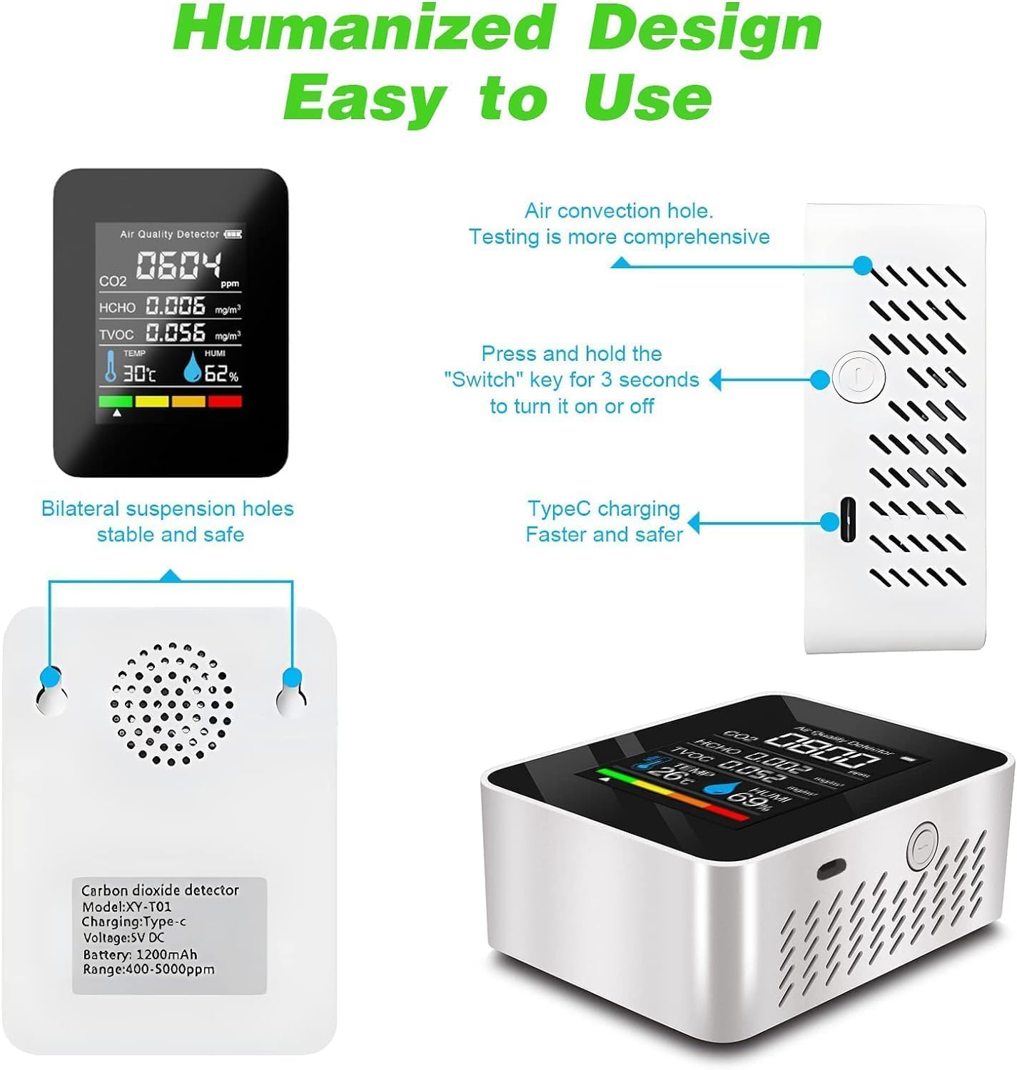 B-Qtech 5 in 1 Air Quality Monitor, Indoor Air Quality Tester Co2/Humidity/Hcho/Tvcc/Temperature Tester, Air Pollution Monitor for Home, Rooms, Grow Tents, Offices, Cars, Hospitals