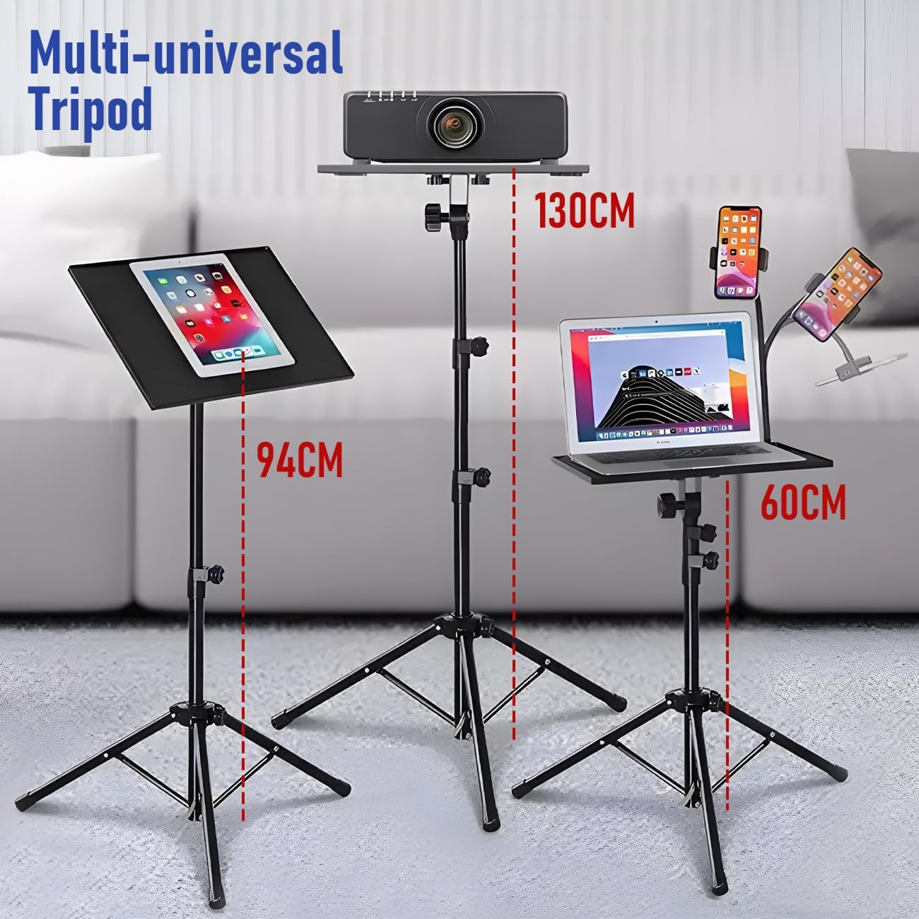 Projector Stand with Phone Holder, Adjustable 60-130CM Foldable Tripod Floor Stand for Projector/Laptop, Portable Home Theater & Office Studio Equipment for Movies, Stage, Outdoor Use image number 1