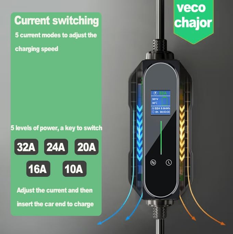Portable Type 2 Charging Cable 5 PIN RED CEE 32A 22KW Model 2 Three Phases Adjustable Current 10A/16A/20A/24A/32A, Timing Delay 1-12 Hours IP65 Max Waterproof Level, EV Home Ev Charger Type 2 image number 2