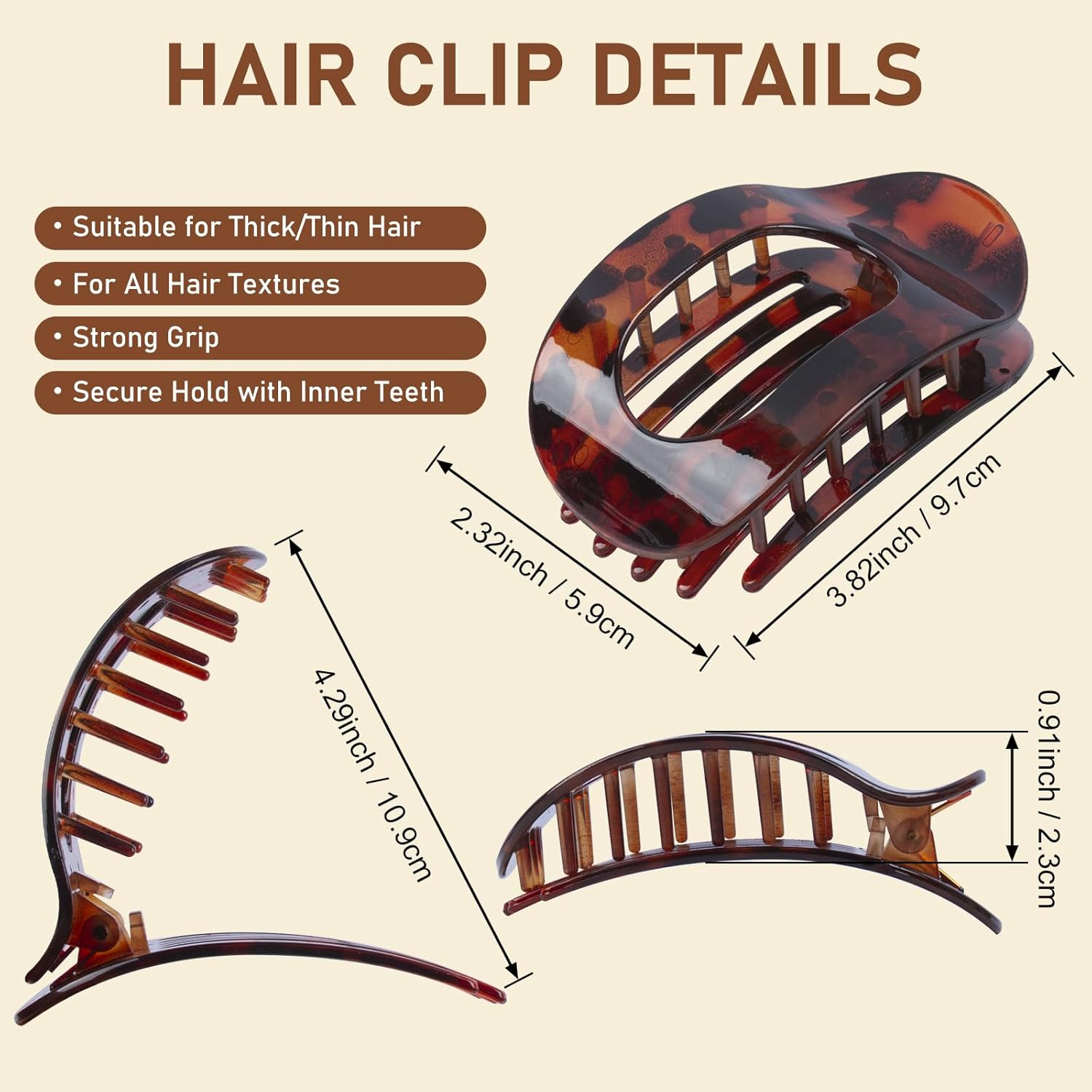 Flat Claw Clips for Women, 6 Pack Ergonomic Curved Hair Clips, Strong Hold Non-Slip Design for Thick & Thin Curly Hair, Leopard Print & Tortoise Shell Colors, Comfortable All-Day Wear for Girls image number 3