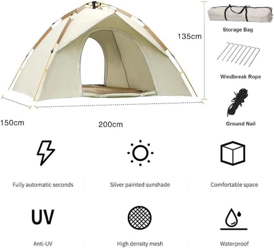 2-4 Persons Instant Tent, Outdoor Self-Driving Travel Camping Tent, Portable Rainproof Sunshine-Proof Tent for Desert Beach Hiking Camping with Carry Bag image number 4