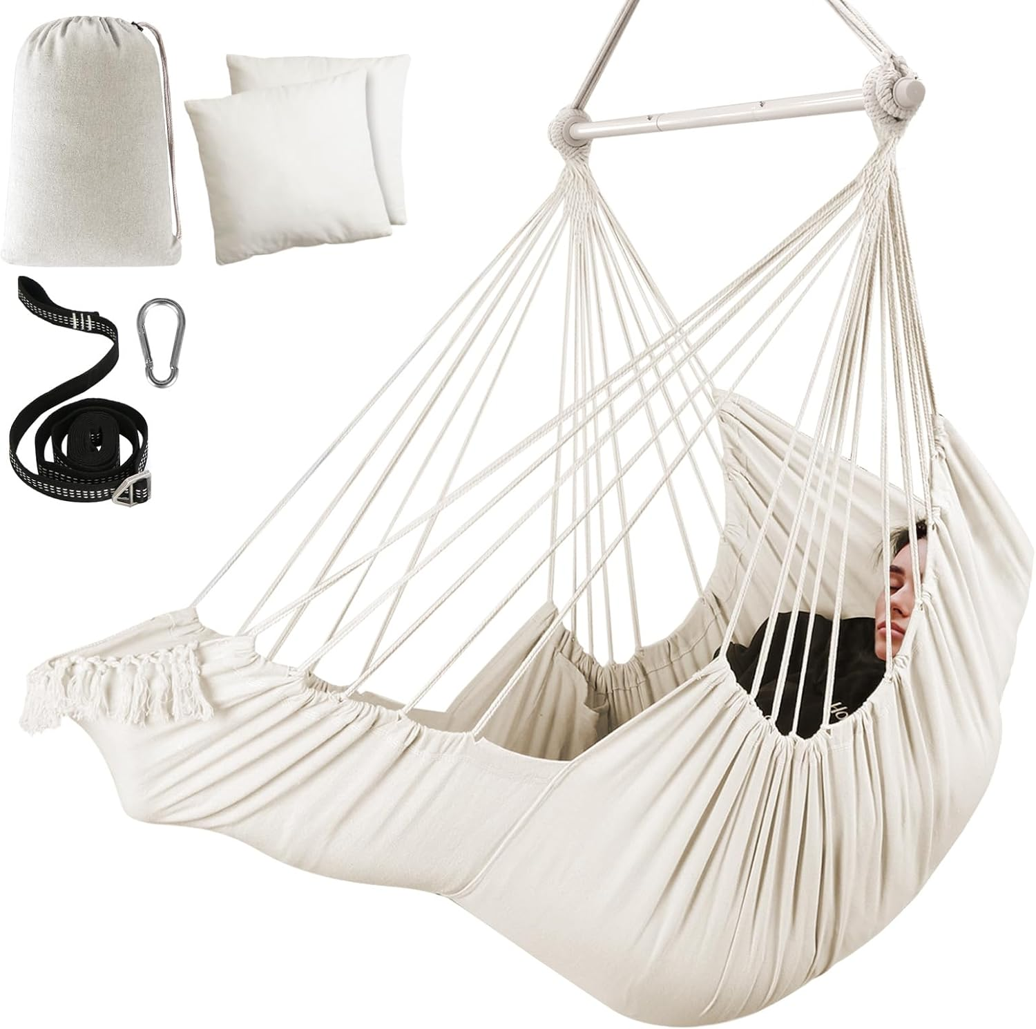 Chihee Hammock Chair Hanging Chair with Foot Rest 2 Cushions Max 500Lbs Robust Metal Spreader Bar Collapsible Easy Storage Soft Cotton Swing Chair Strong Strap Iron Carabiner Side Pocket Included image number 4
