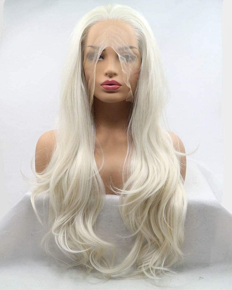 Xiweiya 60# Platinum Blonde Wig Long Body Wavy White Blonde Lace Front Wig Natural Hairline150% Density Hair -Reparement Wig Heat Resistant Fiber Half Hand Tied for Women Drag Queen 24Inch - Blue Green Yellow image number 5