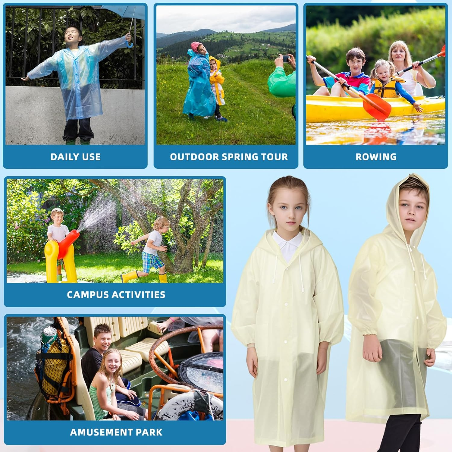 2 Pack Rain Ponchos for Kids Reusable,Thickened EVA Travel Raincoat Jacket with Hoods and Sleeves