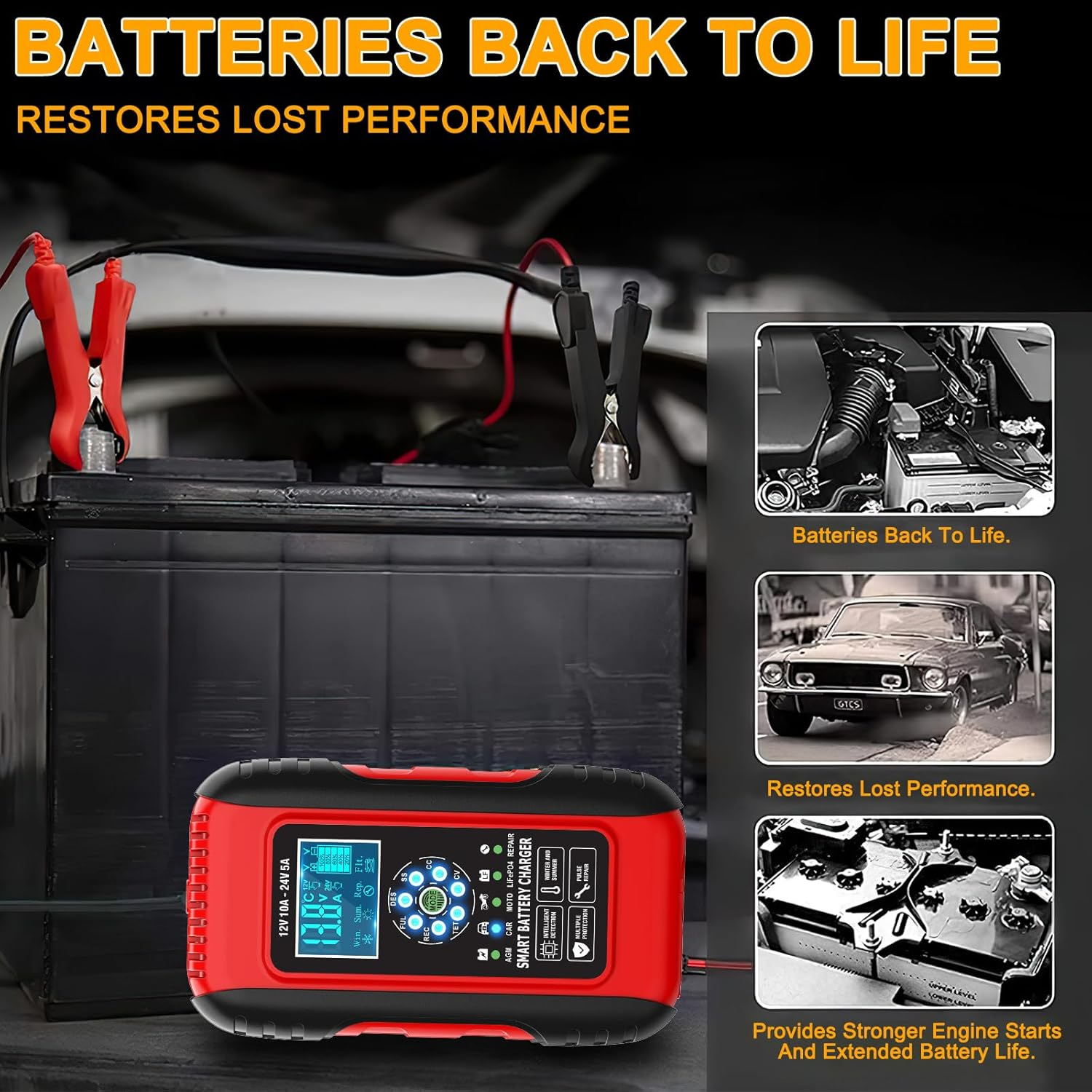 B-Qtech 10-Amp Car Battery Charger, 12V/24V Smart Fully-Automatic Battery Charger 7-Stage Maintainer with Pulse Repair Function for Car Motorcycle Lawn Mower Boat Marine Lead Acid Batteries（Au Plug） image number 3