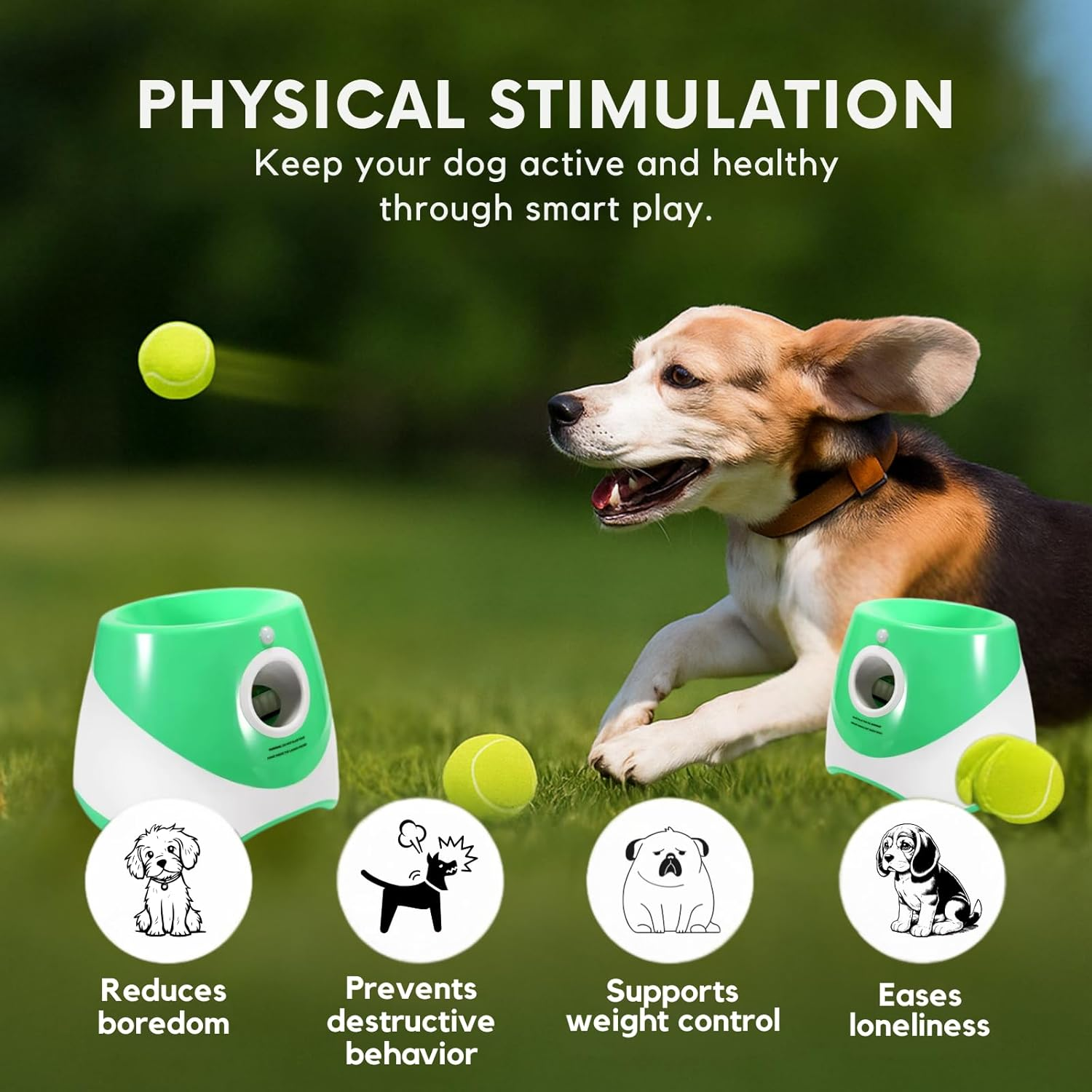 Automatic Dog Ball Launcher for Small & Large Dogs Adjustable Distance 10-30 FT & Rechargeable Fetch Machine Perfect Indoor & Outdoor Interactive Toy Green, Includes 6 Balls Pet Training