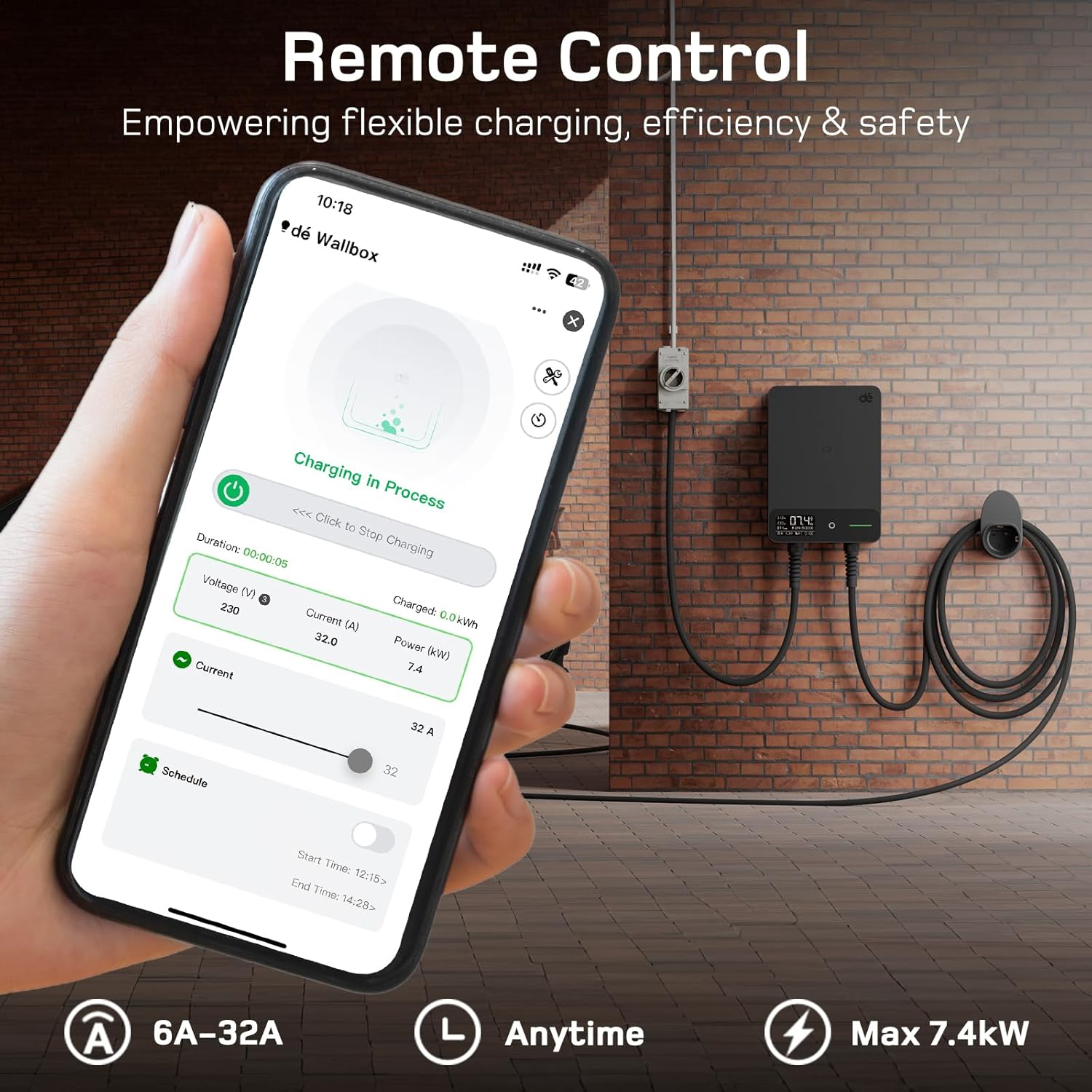 D&eacute; EV Charger Wallbox 7.4Kw APP [6-32A, 1-Phase] EV Charging Station with 5M Type 2 to Type 2 EV Charging Cable, RFID, EV Charger 32A with RCD Type-B for Model Y/3, BYD/MG and Other BEV/PHEV image number 2