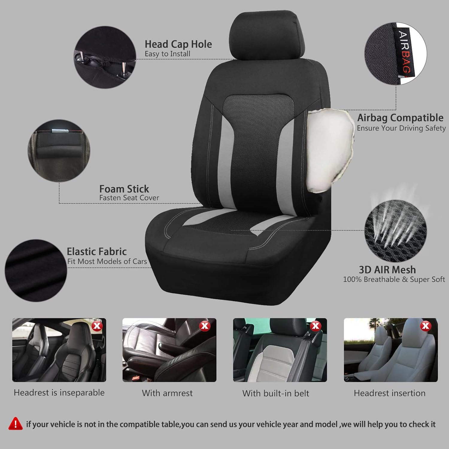 CAR Pass 3D Air Mesh-100% Breathable Universal Sporty Car Seat Covers Full Set,Rear Split Bench Zipper&Airbag Compatible, Fit 95% Automotive for Suv,Truck,Sedan Cute Women (Car-Grand,Black and Gray) image number 4