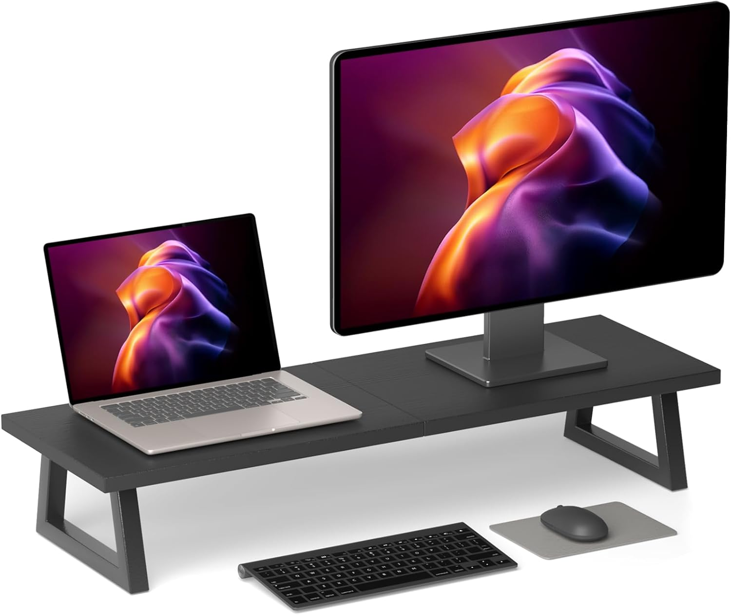 TEAMIX Dual Monitor Riser for 2 Monitors, 80Cm Long Monitor Stand Riser TV Stand Riser Monitor Stand for Desk Wood & Steel Desktop Riser Desk Organization Home Office (Black)