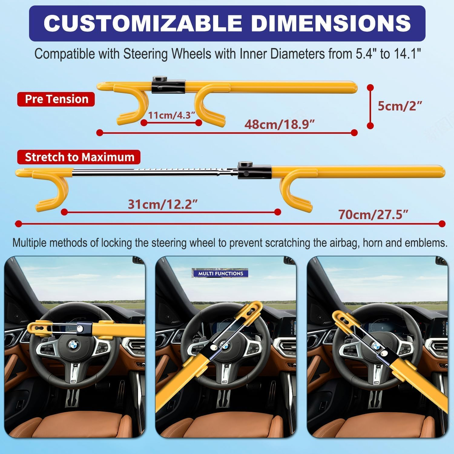 Car Steering Wheel Lock Anti-Theft Device Adjustable Length Clamp Double Hook Locks Universal Fit image number 2
