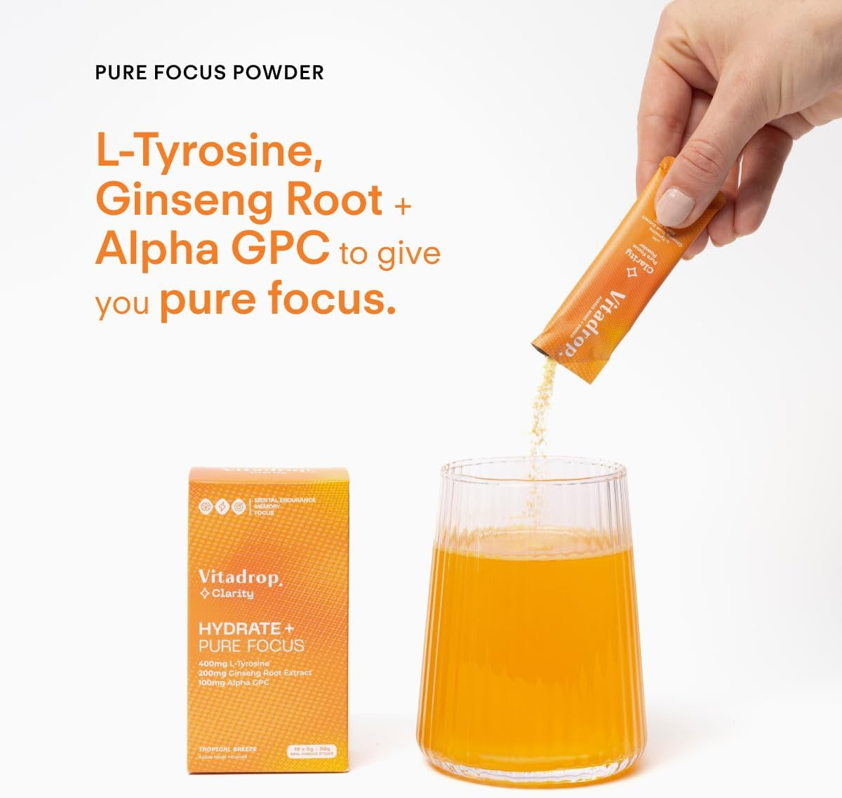 Vitadrop Hydrate+ Pure Focus: 400Mg L-Tyrosine, 200Mg Ginseng Root Extract + 100Mg Alpha GPC (Tropical Breeze Flavour)