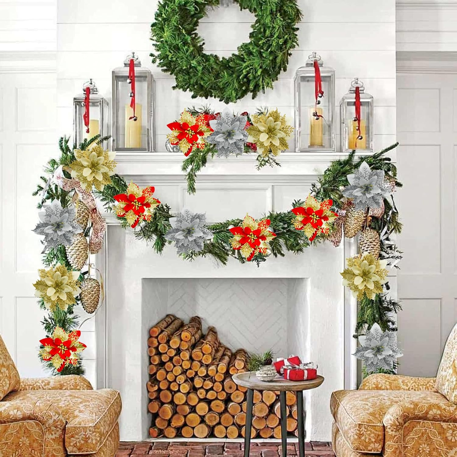 24PCS Glitter Poinsettia 5.1" Artificial Christmas Flowers with Clips Stems Fake Flowers for DIY Wreath Garland Xmas Tree New Year Wedding Party Ornament (Mix Color) image number 2