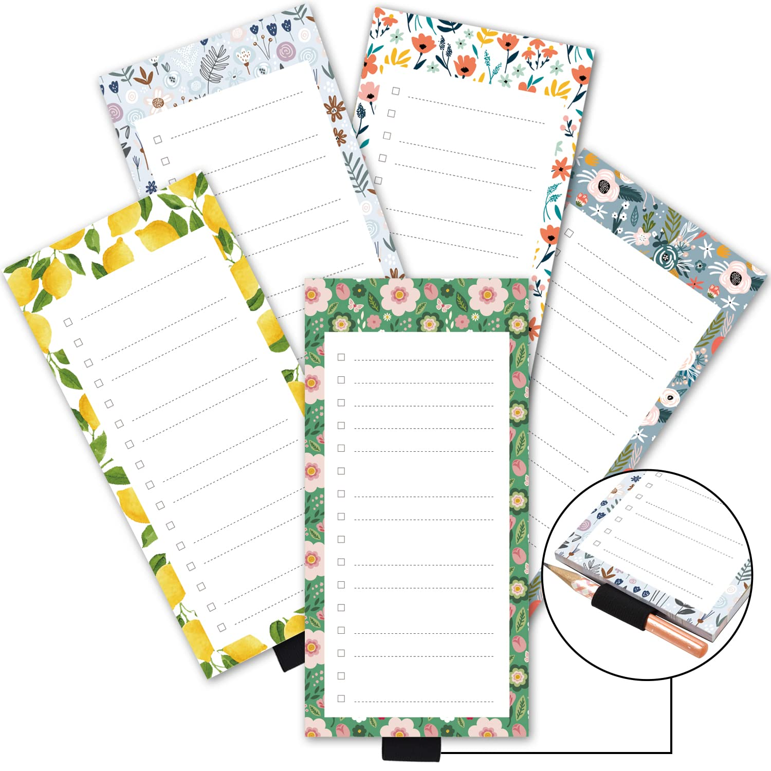 5 Pack Magnetic Lemons Bloom Daisy Scandi Notepads for Fridge with Pen Holder, 6" X 3", 50 Sheets, Magnet Memo Pad for Fridge, Locker, File Cabinet, to Do List, Grocery Shopping