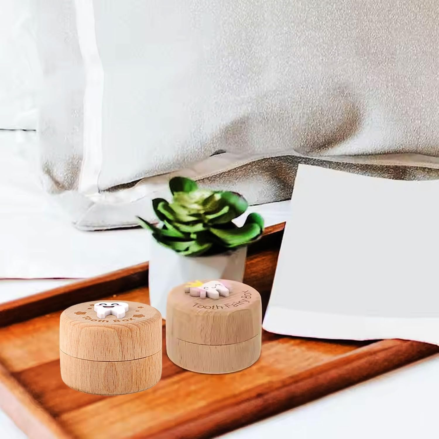 MYTOAU 2PCS Tooth Fairy Box, 3D Carved Wooden Holder Cute Tooth Keepsake Box Storage Baby Saver Container Box for Boys Girls Birthday Baby Shower Gifts image number 3