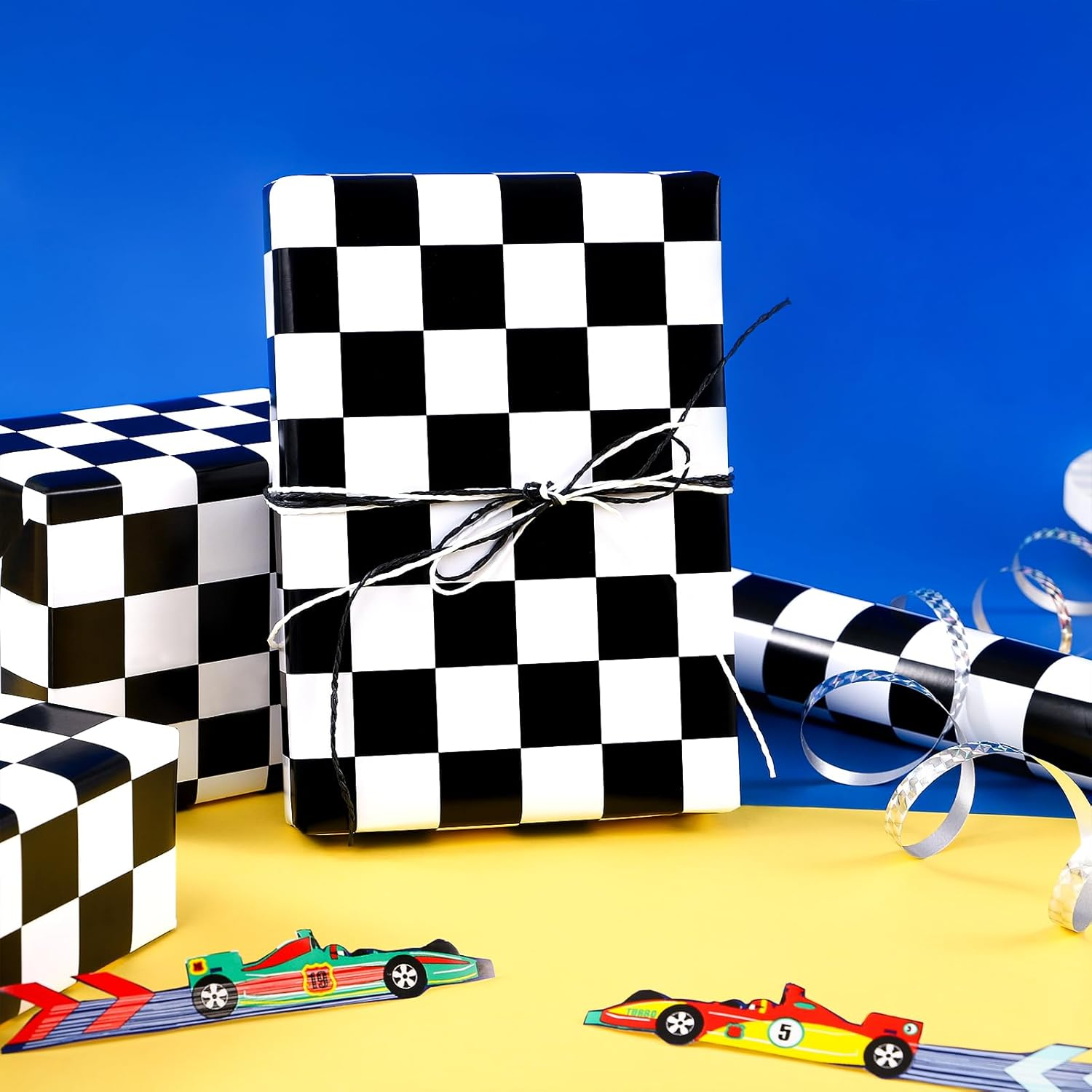 WRAPAHOLIC Checkered Flag Wrapping Paper Roll - 17 Inch X 16.5 Feet - Race Car Wrapping Paper for Kids Birthday, Girls Boys Birthday, Baby Shower image number 6