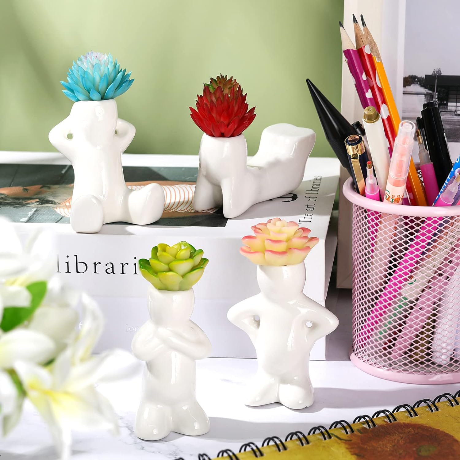 Potchen 4 Pieces Ceramic Air Planters Holder People Head White Cute Table Top Display Planters for Air Plants Lovers DIY Decoration Home Office Holiday (Twin Style) image number 6