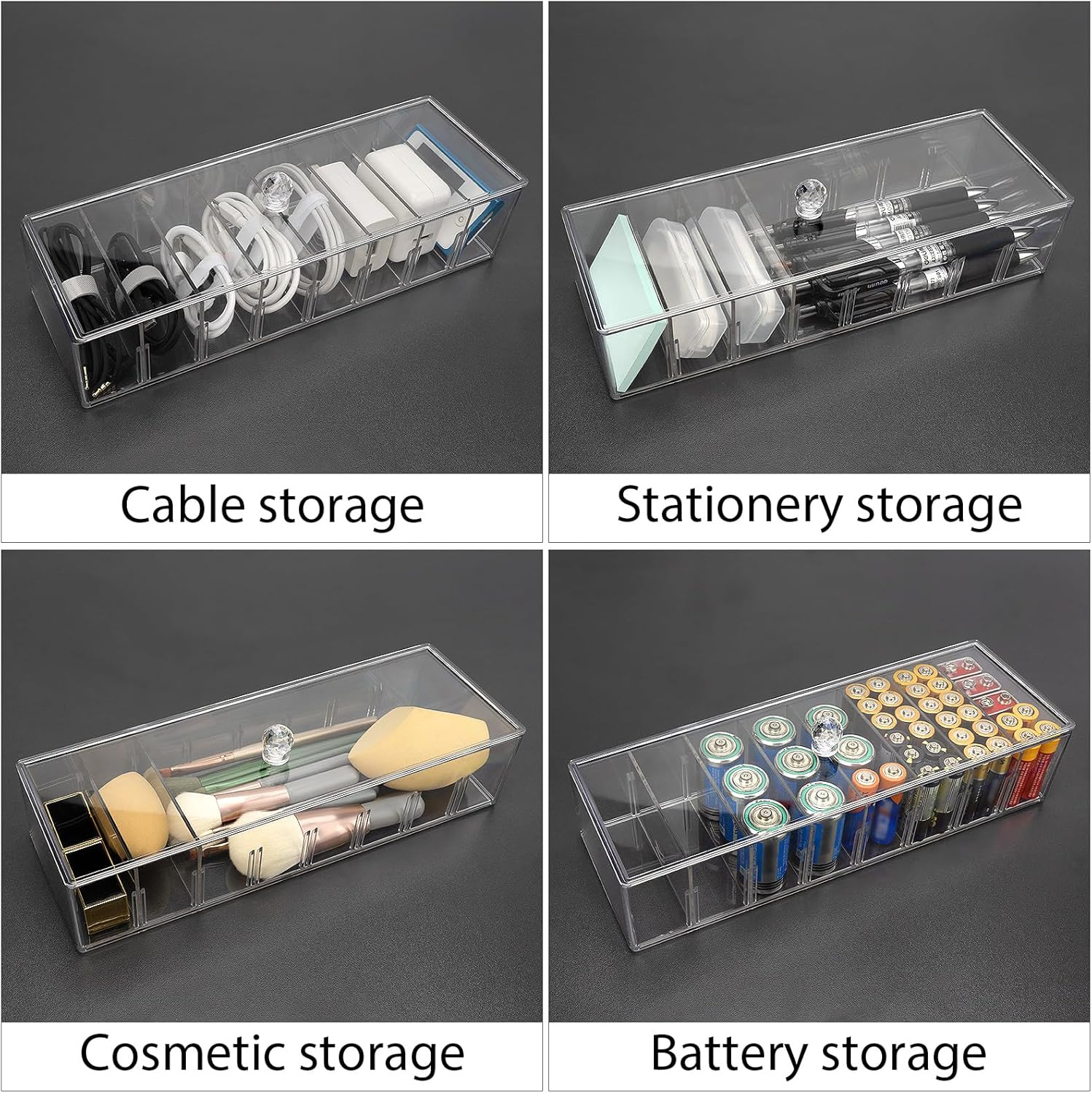 Cable Organizer Box with 10 Wire Ties, Clear Charger Cord Storage Organizer Case, Desktop Drawer Accessories Power Wire Storage with 8 Compartments, Office, Home, Stationery Storage Supplies image number 4