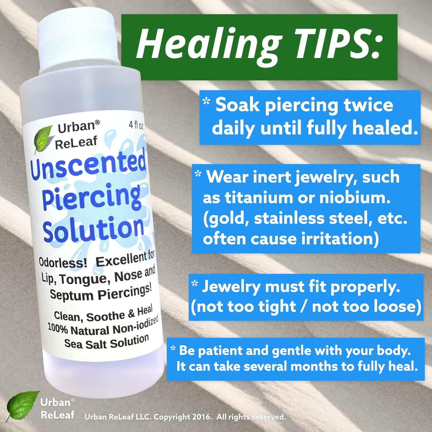 Urban Releaf Unscented Piercing Solution ! Non-Iodized Sea Salt Healing Soak. Lip, Tongue, Septum, Dimple, Mouth. NO Scent. Ready to Use. Made Fresh in USA. image number 1