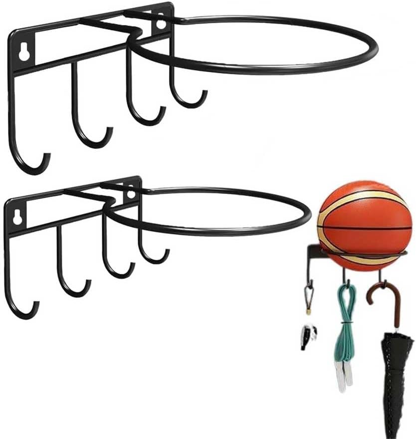 2 PCS Basketball Storage Rack,Wall Mount Ball Stand with Hooks,Basketball Storage Rack Creative Single Layer Basketball Display Rack,Room Decoration Spheres Display Shelving Sports Equipment Organizer image number 3