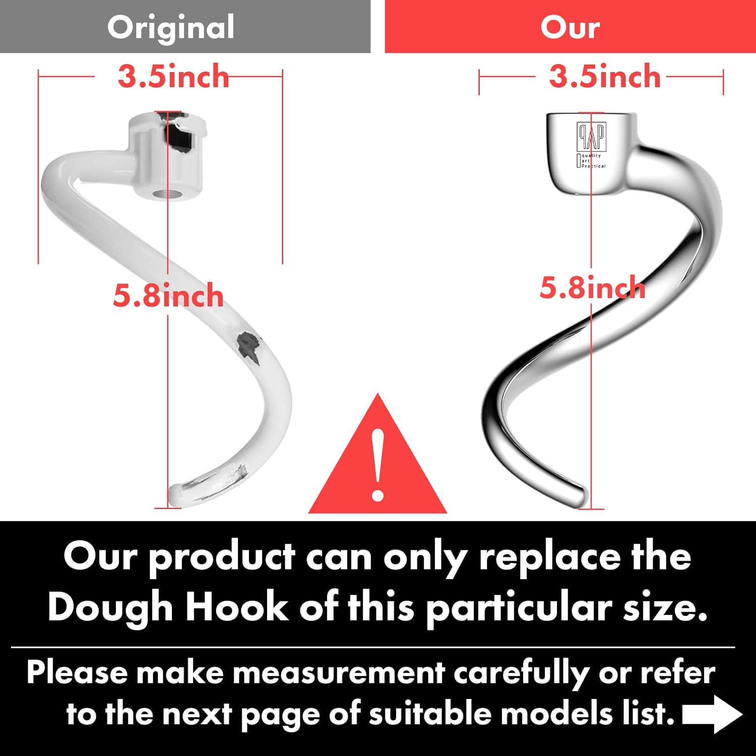 Stainless Steel Spiral Dough Hook Replacement for Kitchenaid 4.5QT & 5QT Bowl Tilt-Head Stand Mixers, Rustproof & Easy Clean, Efficient Kneading for Bread, Pizza, Pasta, Cookies