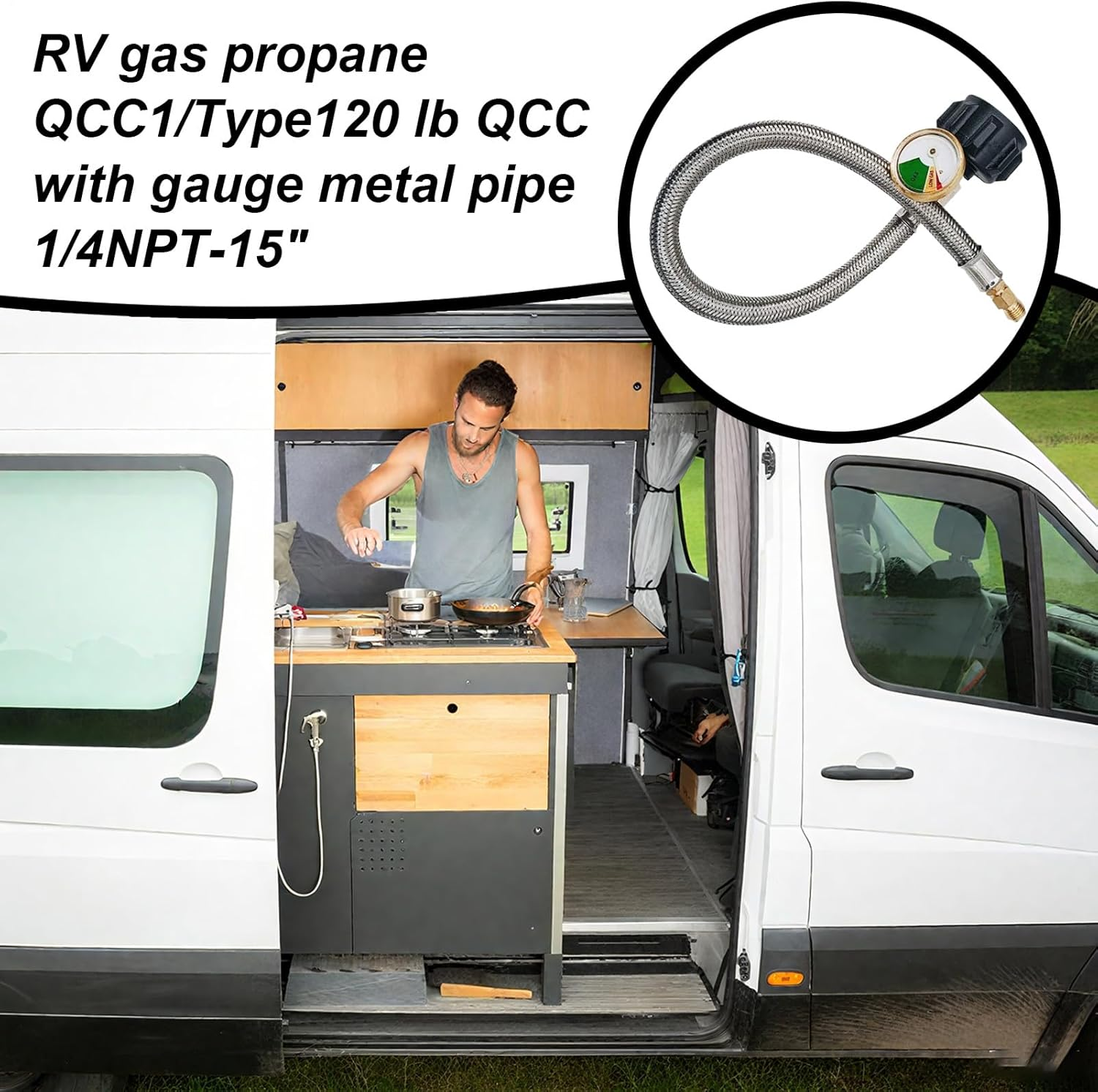 Rv Gas Hose with Gauge, Propane Replacement Line, Real Time Pressure Indicator, 15 Inches Compact Flexible Connector for Outdoor, Grilling, Mobile, Homes, Weekend, Cooking Use