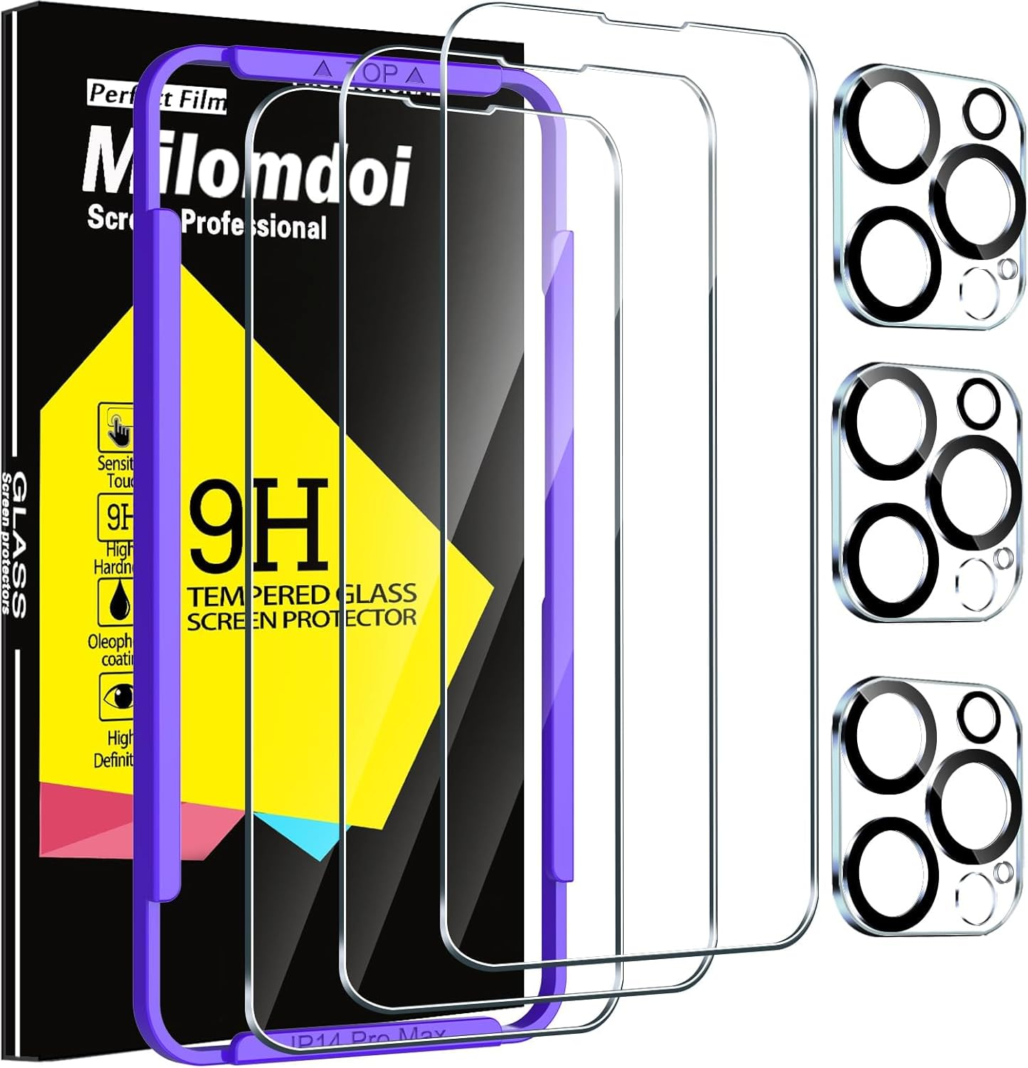 Milomdoi 4 Pack Privacy Screen Protector for Apple Iphone 15 Pro Max with 4 Pack Tempered Glass Camera Lens Protector, Ultra 9H Accessories, Case Friendly, Mounting Frame, 2.5D Curved, Black