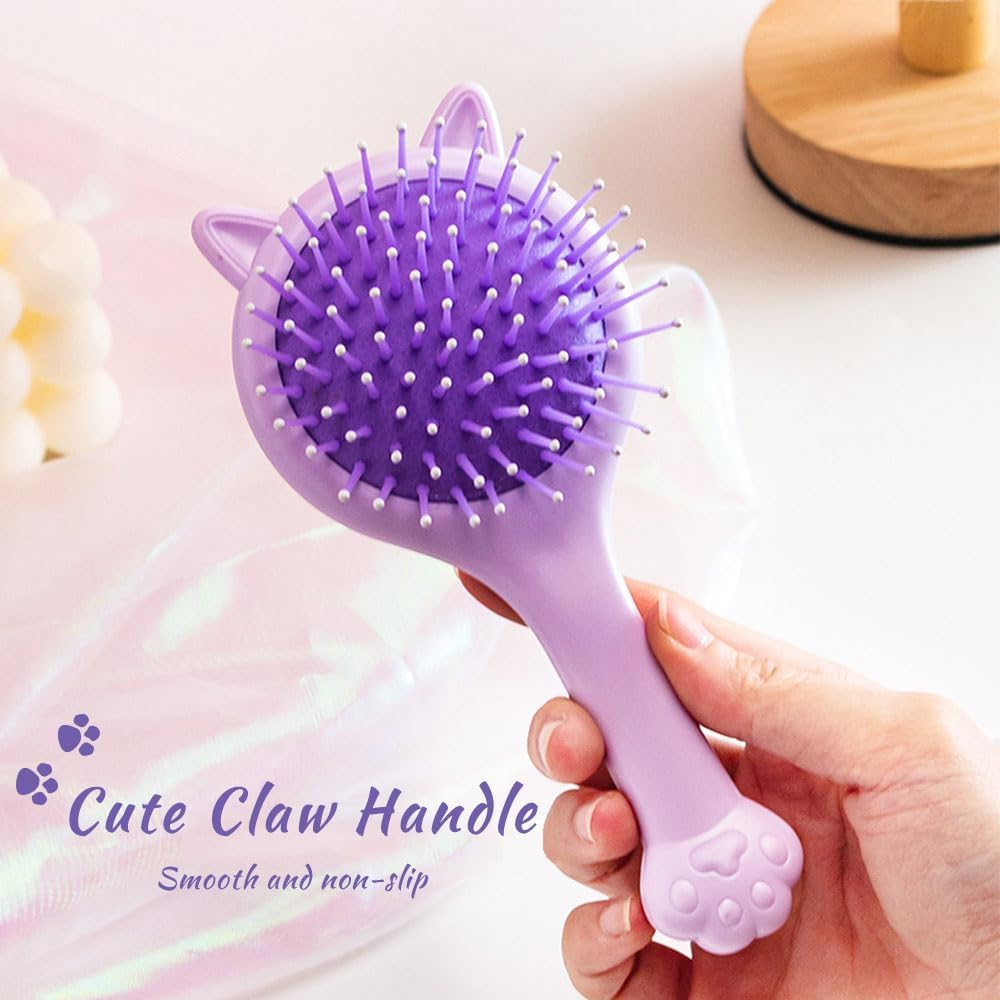 3Pcs Girls Hair Brush & Comb Set - Detangling Brush with Mirror & Wide Tooth Combs for Kids Curly Straight Long Hair, Pink Cat/Strawberry image number 6