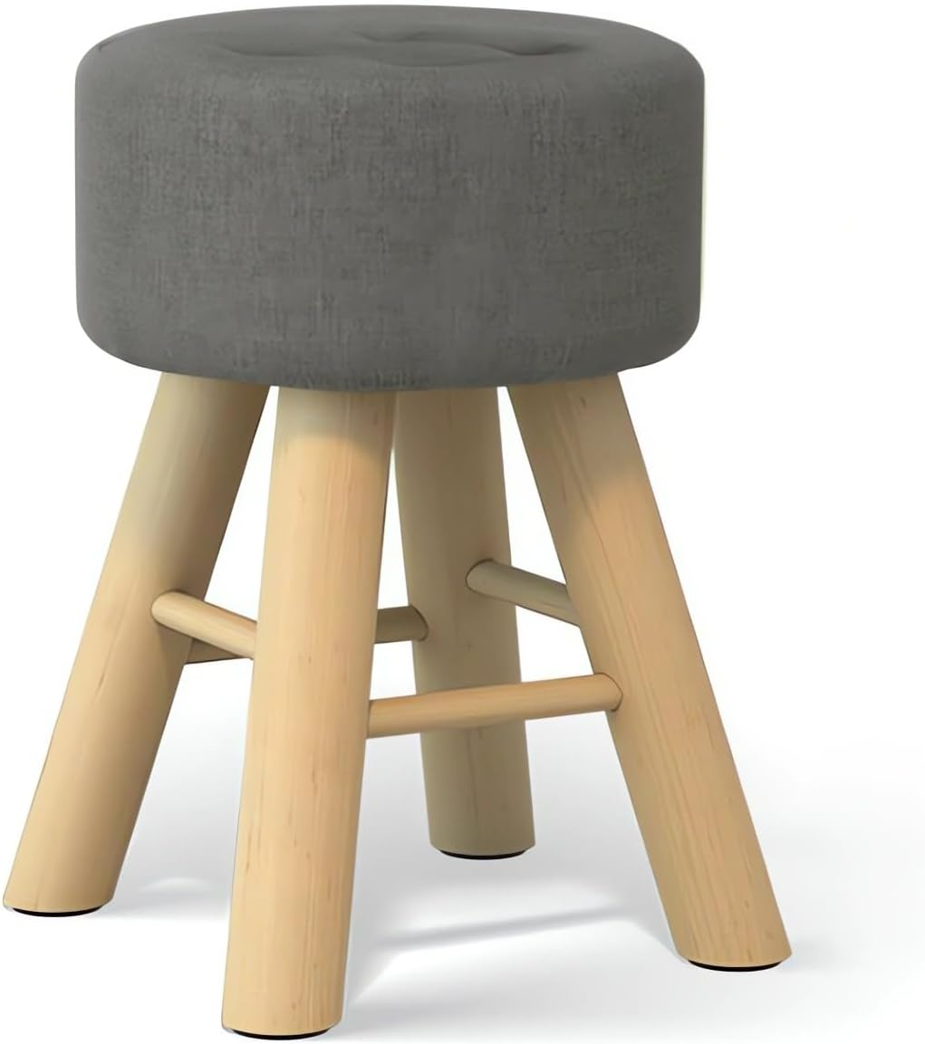 Round Ottoman Footstool, 28 X 28 X 42 Cm, Wooden Legs, Fabric Cushion Top A269 (Green)