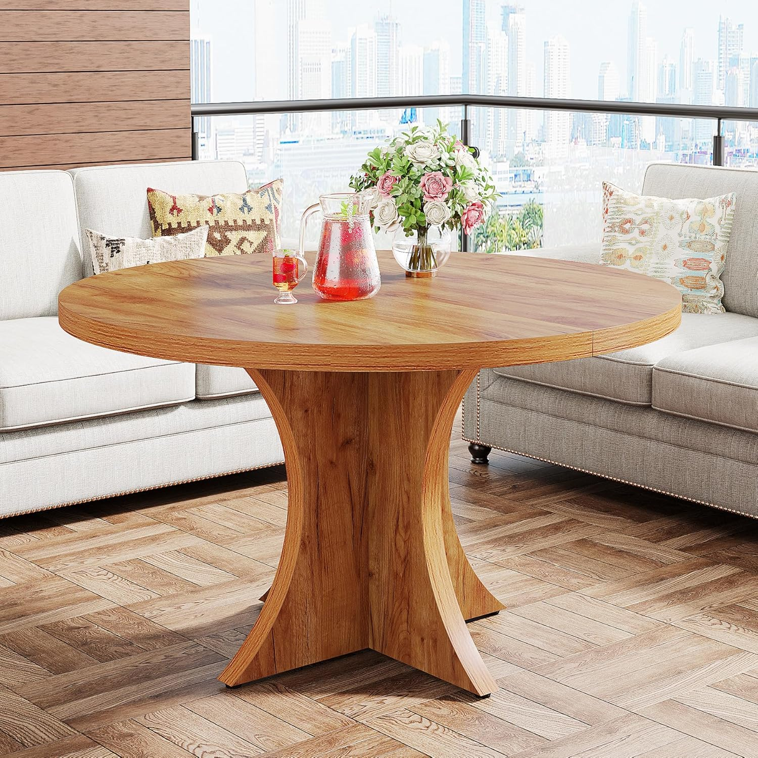 Tribesigns 120Cm round Dining Table for 4-6, Farmhouse Kitchen Table, Wood Dining Table with Pedestal Base, Small Dinner Table for Dining Room,Living Room, Small Space, Brown image number 3