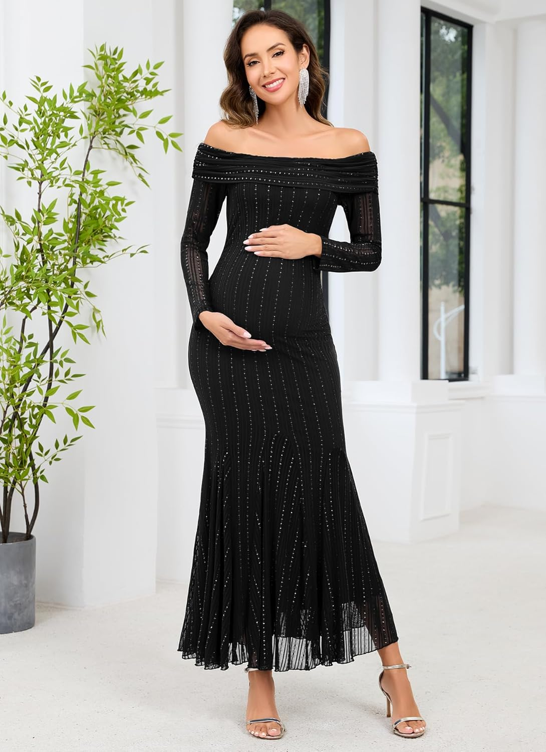 CYCLAMEN Sparkly Maternity Dress for Baby Shower off the Shoulder Long Sleeve Mermaid Pregnancy Gown with Flowy Tail Hem image number 1