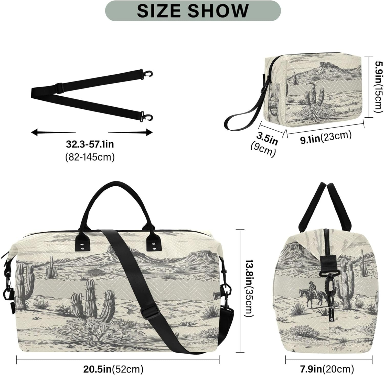 Duffel Bags Tote Bag Large Carry on Bag with Toiletry Bag for Gym Foldable Desert Landscape Mountains Cacti Cowboy, Multi, One Size, Modern/Fitted, Multi, One Size, Modern/Fitted image number 5