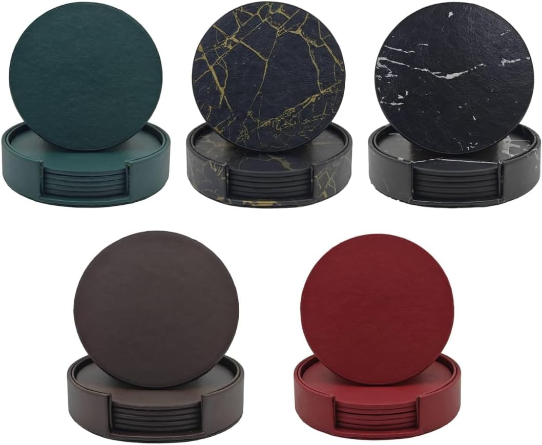 Vmila Leather Coasters for Drinks, 4" Drink Coasters Set of 6 with Holder for Tabletop Protection, Handmade Luxurious Home D&eacute;cor and Housewarming Gift (White Gold Marble Coaster) image number 2