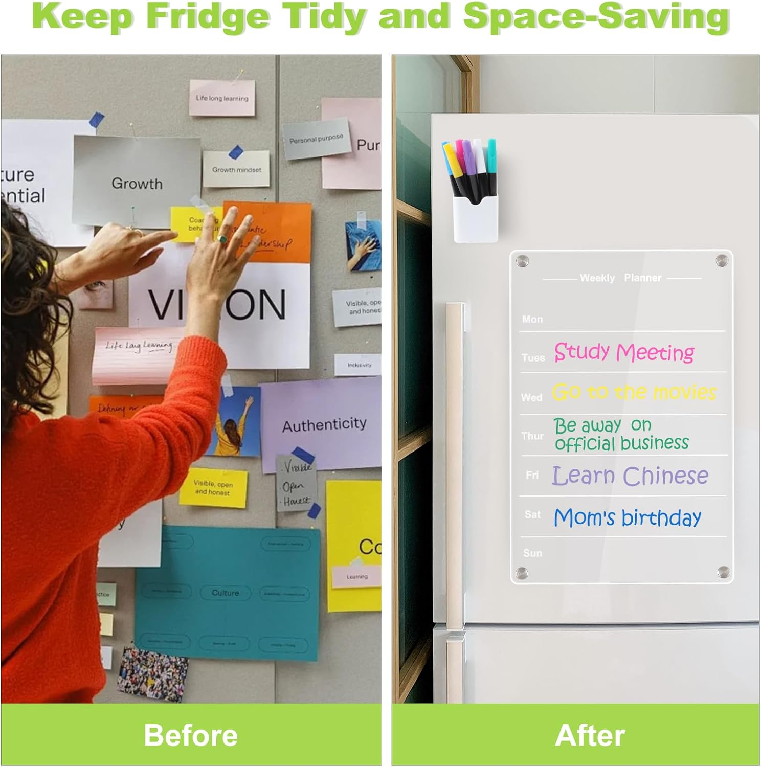 2 Magnetic Fridge Calendar 33X22Cm,Acrylic Clear Fridge Calendar Magnetic,Reusable Weekly/Monthly Planner for Family,Office,To Do List Meal Plan Board| Includes 6 Markers,Eraser and Pen Holder - 1 Magnetic Planner + 6 Markers image number 2