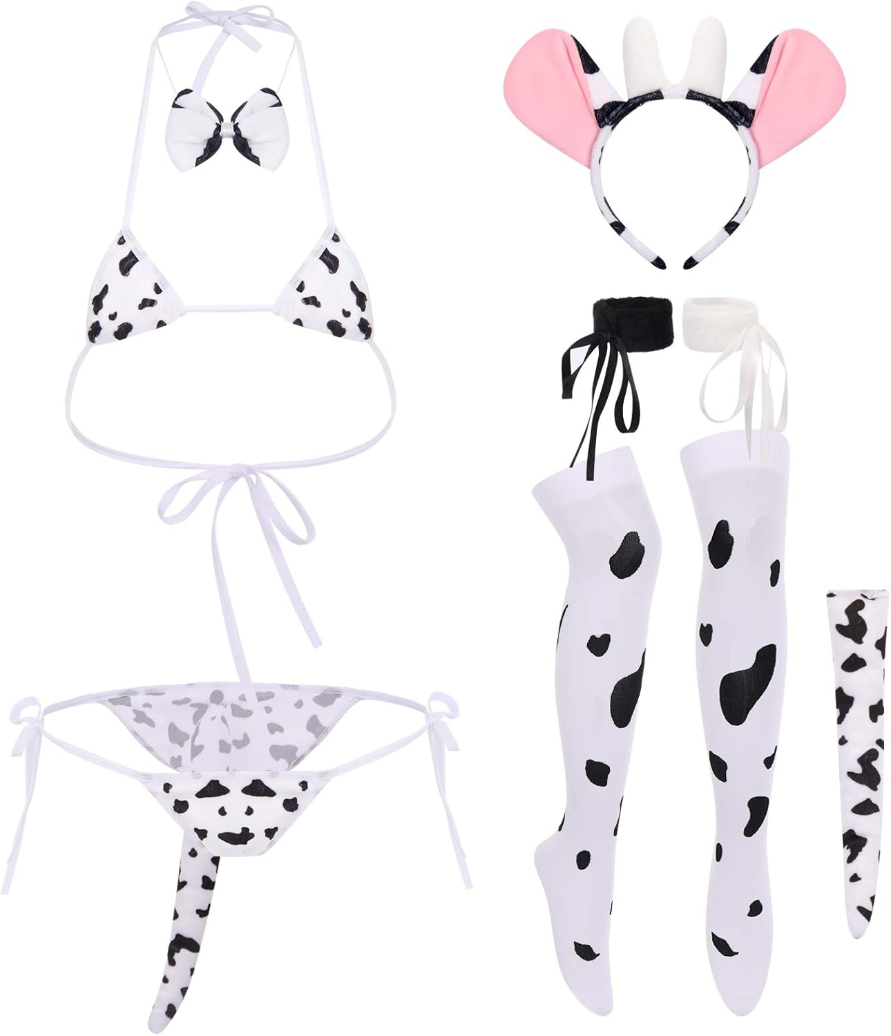 FYMNSI Women Sexy Milk Cow Lingerie Set Anime Maid Cosplay Costume Mini Bikini Bra Bodysuit with Bell Choker Stockings Outfit