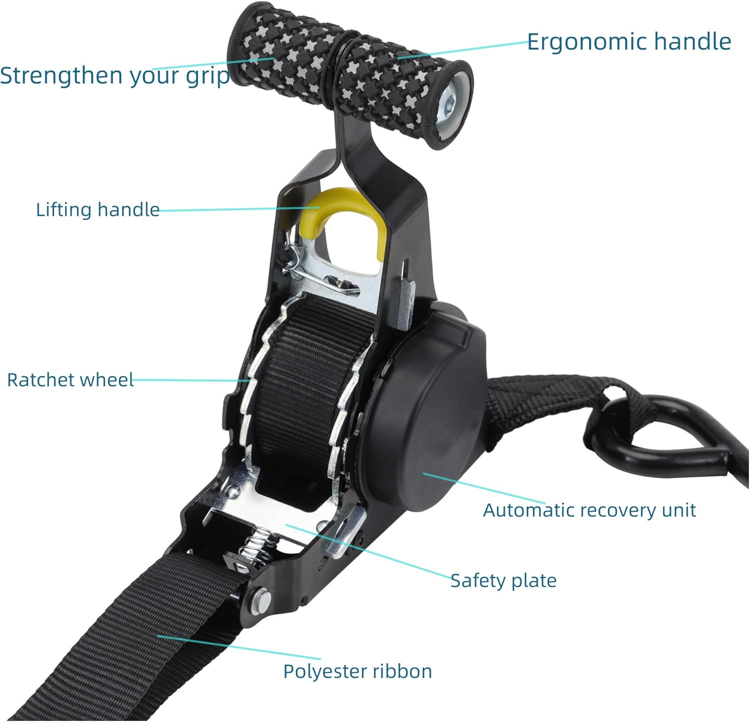 KUGONTC 2Pcs Ratchet Tie down Strap，Retractable Ratchet Straps Bundle,10.8Ft Automatic Shrink Tensioner with Rubber-Coated Steel Handles, S-Hooks with Breaking Strength - 1,500LBS Each image number 5